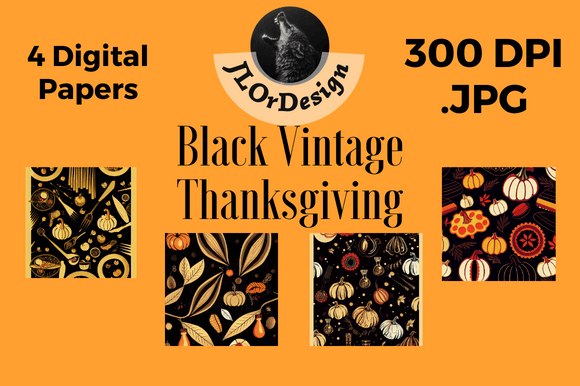 Black Retro Thanksgiving Digital Papers for Vintage Design