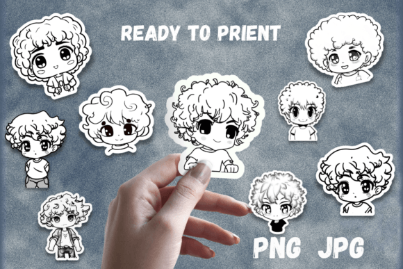 Printable Cute Kawaii Boys Stickers B&W: A Designer's Asset